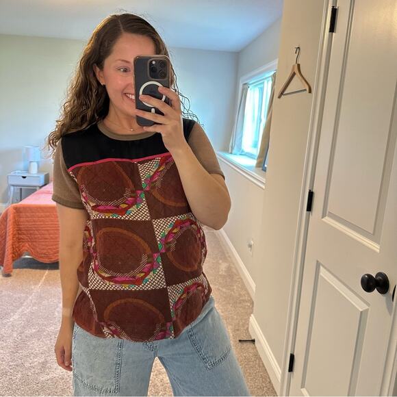 Anthropologie Conditions Apply Tan Mixed Media Quilted Satin Knit Tee/Top Small - Picture 2 of 14